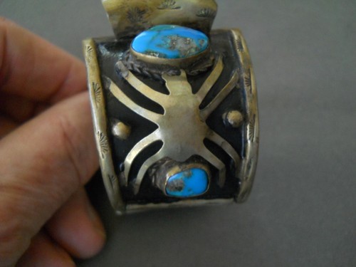 Southwest Style Blue Turquoise Raised Spiders Soft Gold Tone Cuff Watch Bracelet