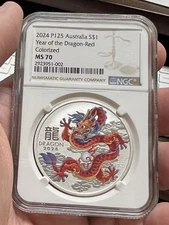 2024 $1 Australia P125 Year of the Dragon RED COLORIZED 1oz Silver NGC MS70 Coin