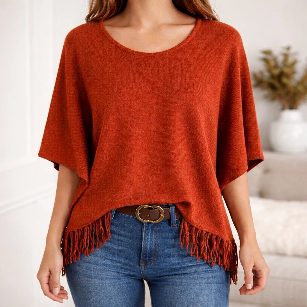 Relativity Women’s XL Rust Orange Fringe Poncho Sweater Boho Knit Top Pullover