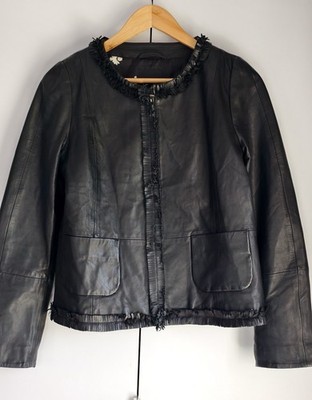 Weekend MaxMara Black Biker Jacket Ruffle Trim Zip Lined Pockets Size 6