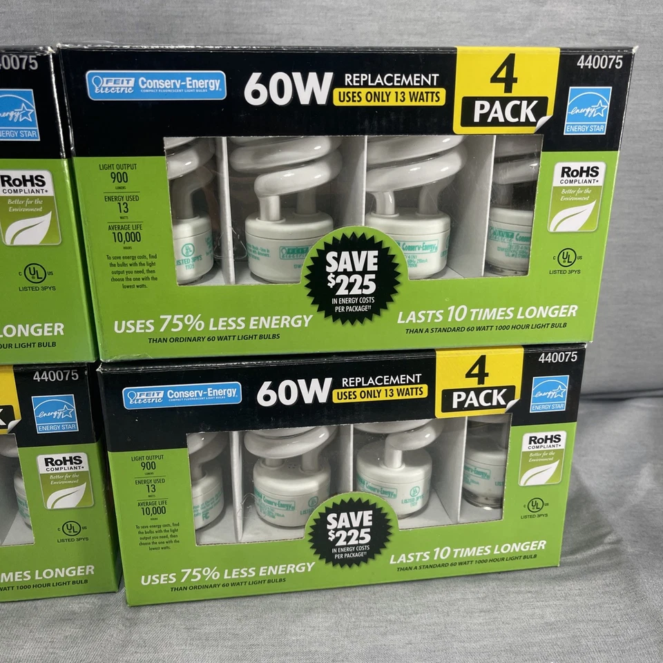 16 FEIT Electric Conserv Energy 4x4 Packs 60W Replacement Uses 13W CFL Bulbs NEW - Image 2 of 4