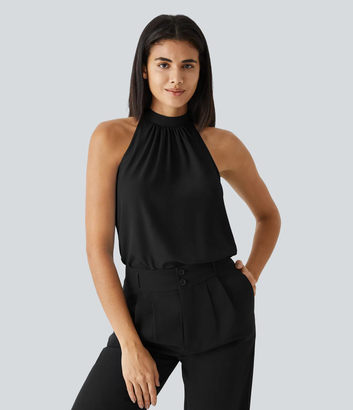 NEW Halara Women's Black Halter Sleeveless Keyhole Work Career Blouse Size M