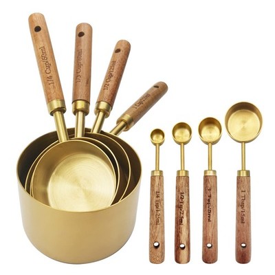 Gold Measuring Cups Spoons Set 8 PCS with Fragrant Wood Handle for Baking