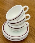 3 Vintage Corning Pyrex Milk Glass Cup & Saucer’s Sets Ruby Red Stripes MCM