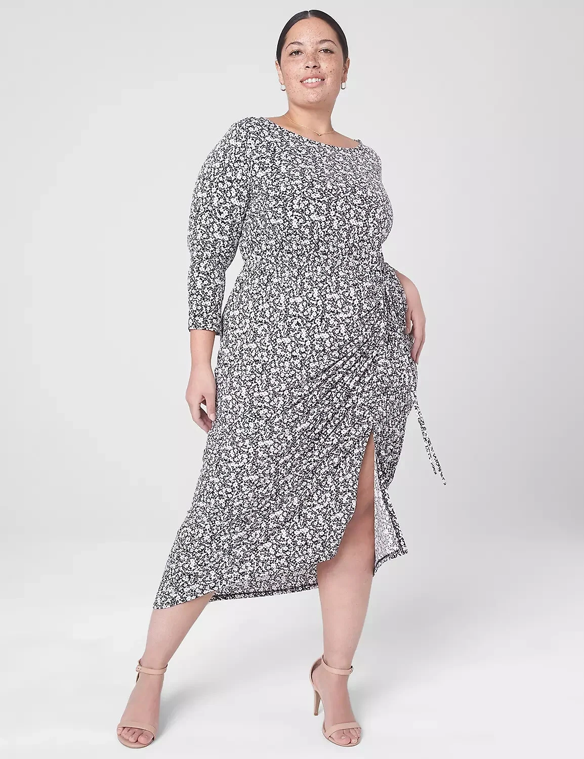 VETEMENTS Abito Lane Bryant tg 10 12 nero bianco viola floreale manica lunga increspato spacco midi