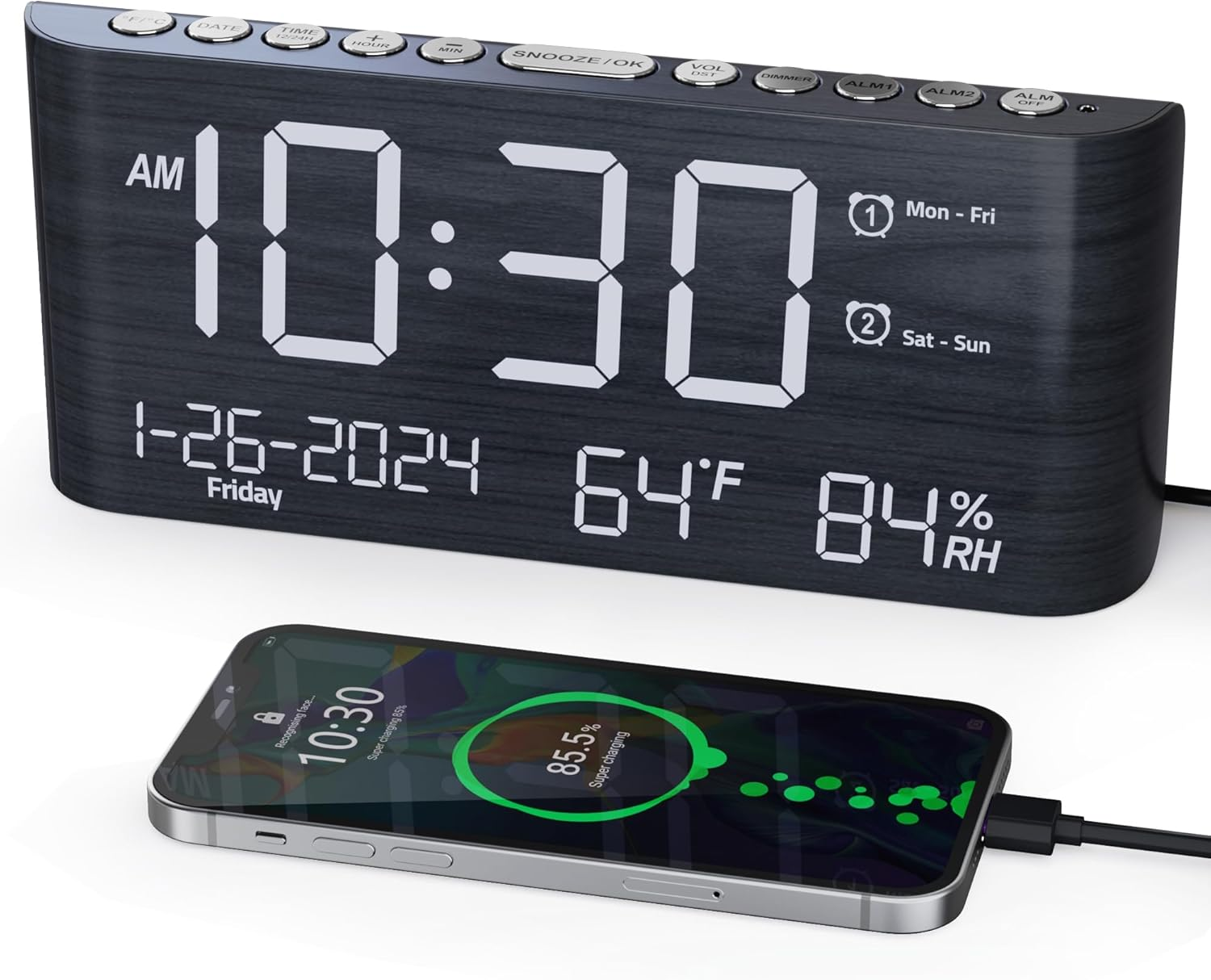 Dual Alarm Wooden Digital Clock with Weekday Weekend or Daily Settings
