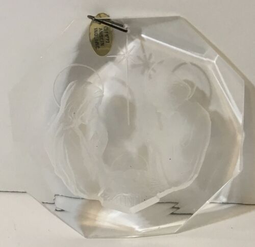 VTG 1977 Clear Acrylic Christmas Ornament Nativity Amsun Tag Carved 3 1/8” - Picture 1 of 3