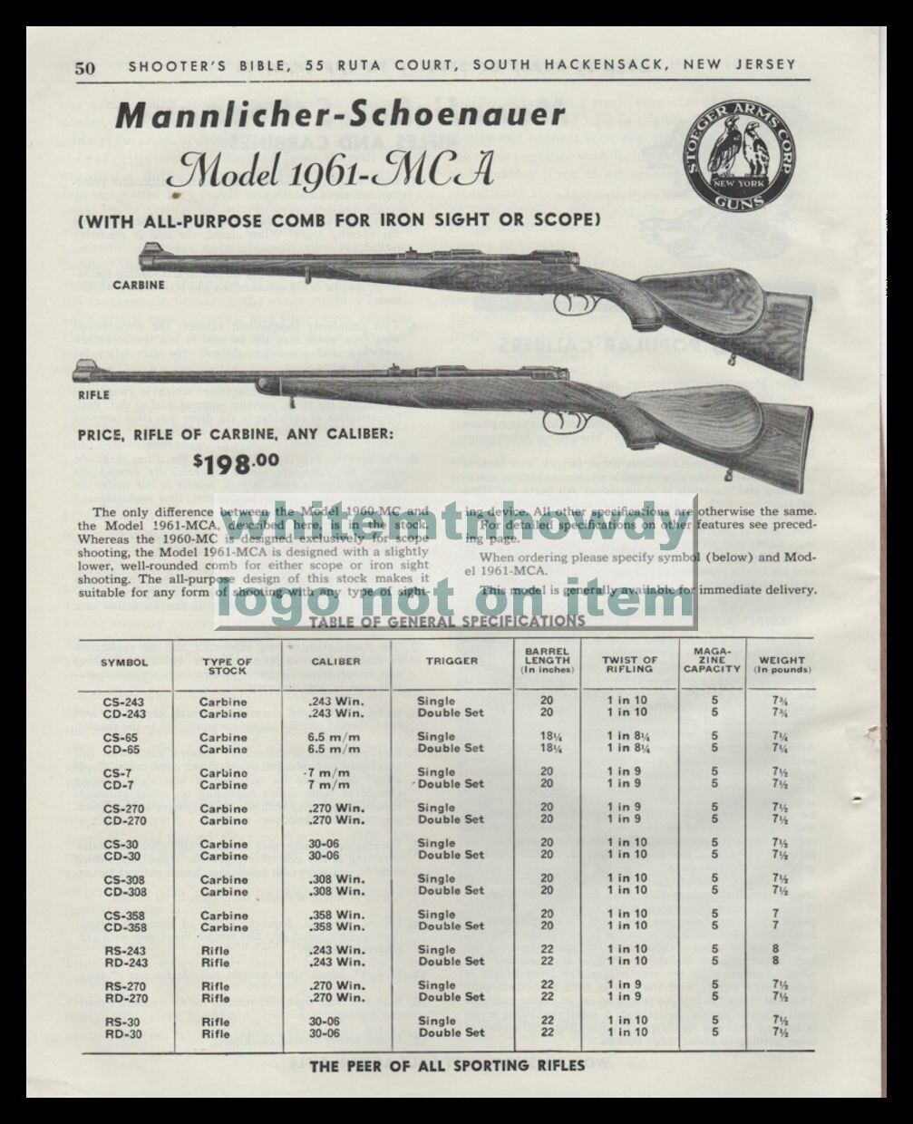 1954 MANNLICHER-SCHOENAUER Model 1961 MCA Carbine & Rifle PRINT AD