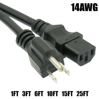 1-25FT 14AWG NEMA 5-15P to C13 IEC320 PC Monitor AC Power Cord 3-Prong Cable