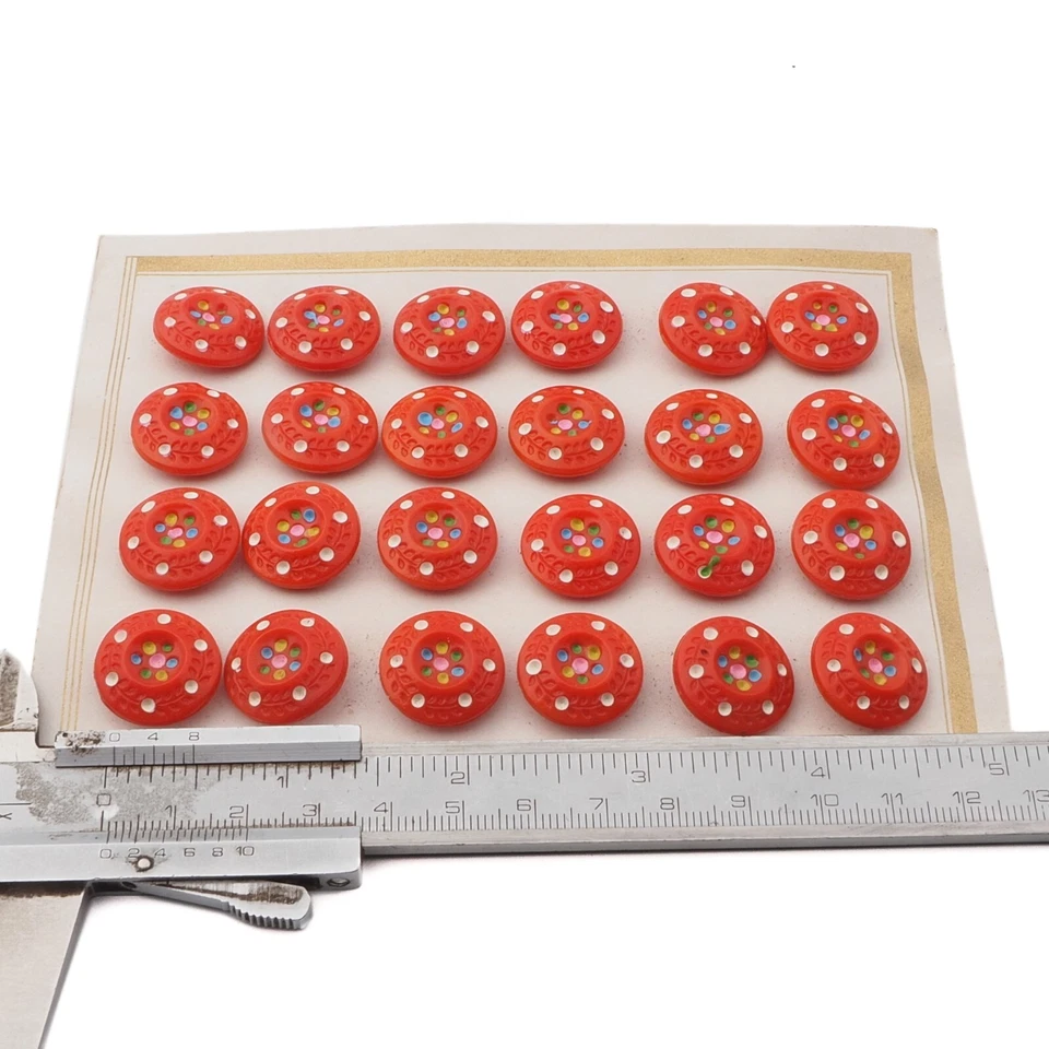 Card (24) antique Czech 1930's hand painted red flower glass buttons 18mm - Image 3 of 3