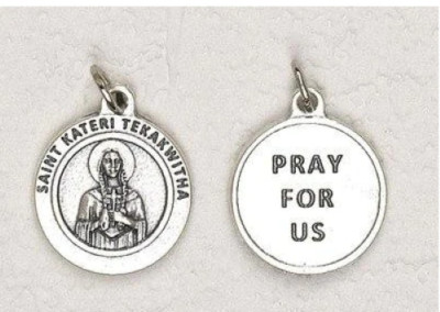 Saint St Kateri + Pray for Us -Silver Tone Round Medal 2430