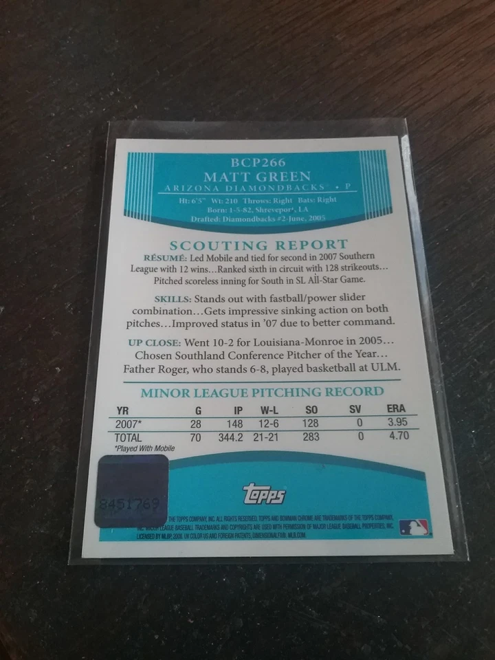 Matt Green SP Auto 2008 Bowman Chrome Arizona Diamondbacks No BCP 266 - Image 2 of 2