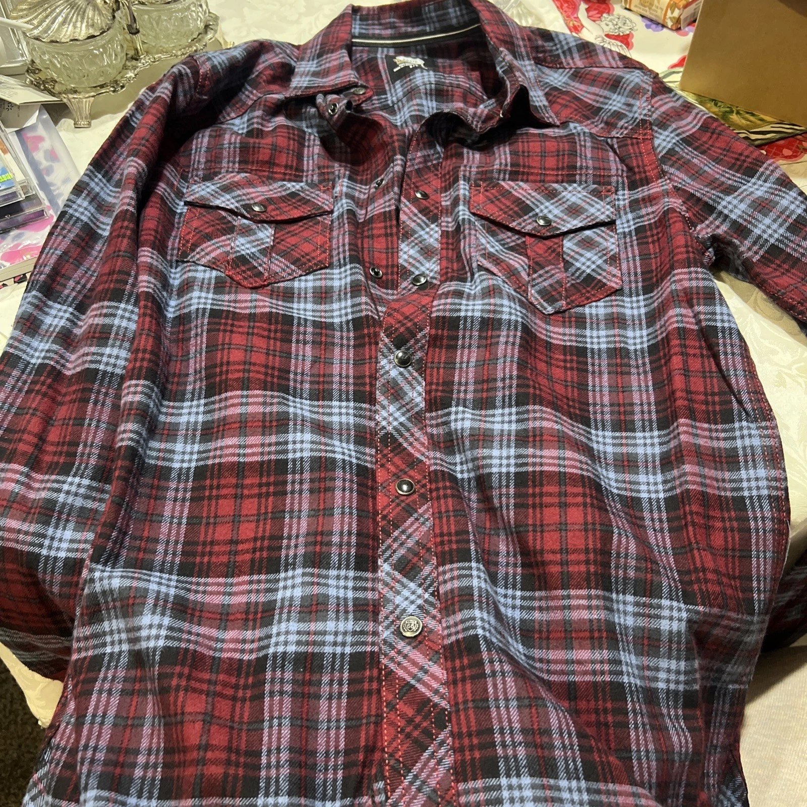 Route 66 Flannel Shirt Mens S Red Purple Long Sleeve Plaid Shirt Casual
