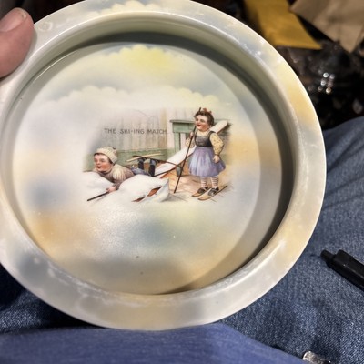 1880s Three Crown China From Germany Childs Plate Titled Skiing Match.  
