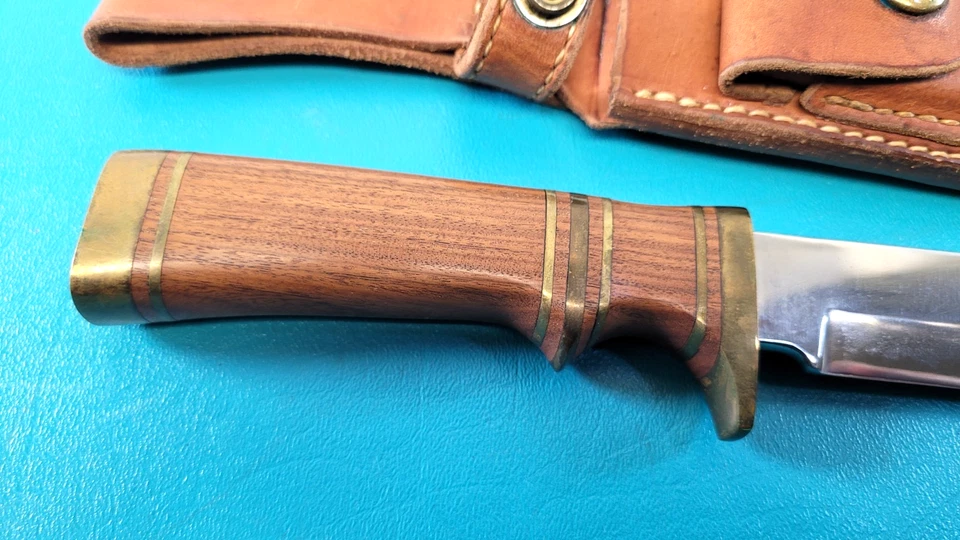 Vintage Bowie Fighting Knife Brass Wood Handle + Leather Sheath Stone TR525 - Image 3 of 4