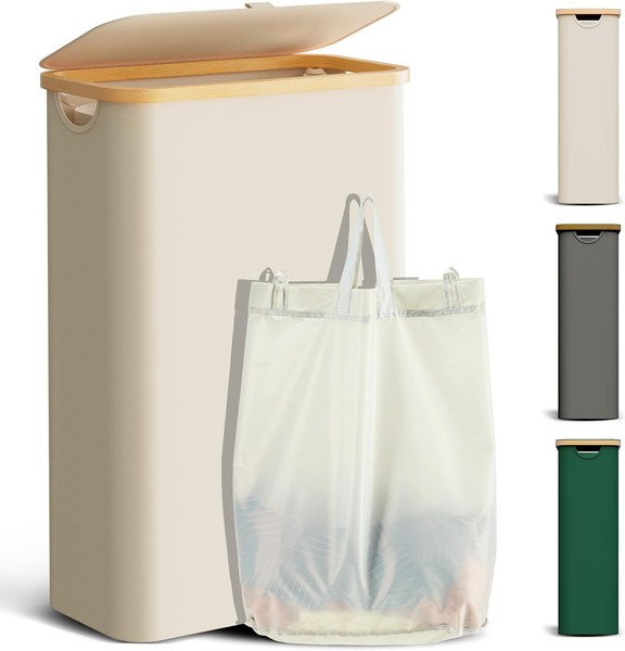 WäSchekorb Mit Deckel 48L Faltbar WäSchesammler Holz Bambus Beige FüR Zuhause-image