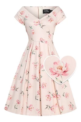 PURE MANUFACTURING LTD. Dolly and Dotty Swing Kleid Lily Cream & Pink Peony Off-Shoulder Vintage Retro