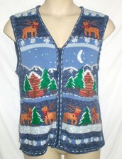 Vtg 90s Bobbie Brooks Ugly Christmas Vest L 12 14 Reindeer Blue Embroider Zipper