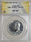1966 No FG Half Dollar ANACS SP66 Silver Kennedy SMS FS-901 Coin 50C