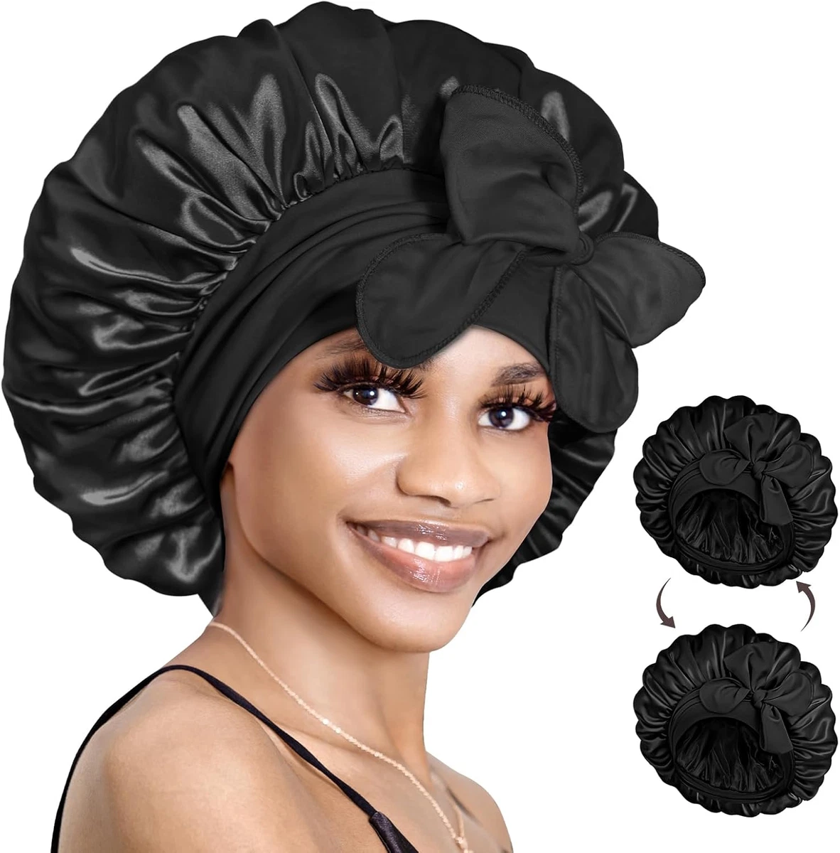 BONNET QUEEN Cuffia Seta Capelli Notte Acido IALURONICO, Doppio Strati Cuffia Capelli Ricci Notte, Reversibile Cuffie per Dormire in Raso, Bonnet Seta per Capelli Ricci & Scrunchie, Nero