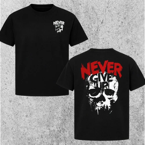 Men's Gothic Skull Never Give Up Graphic T-Shirt Vintage Streetwear Style - product listing photo