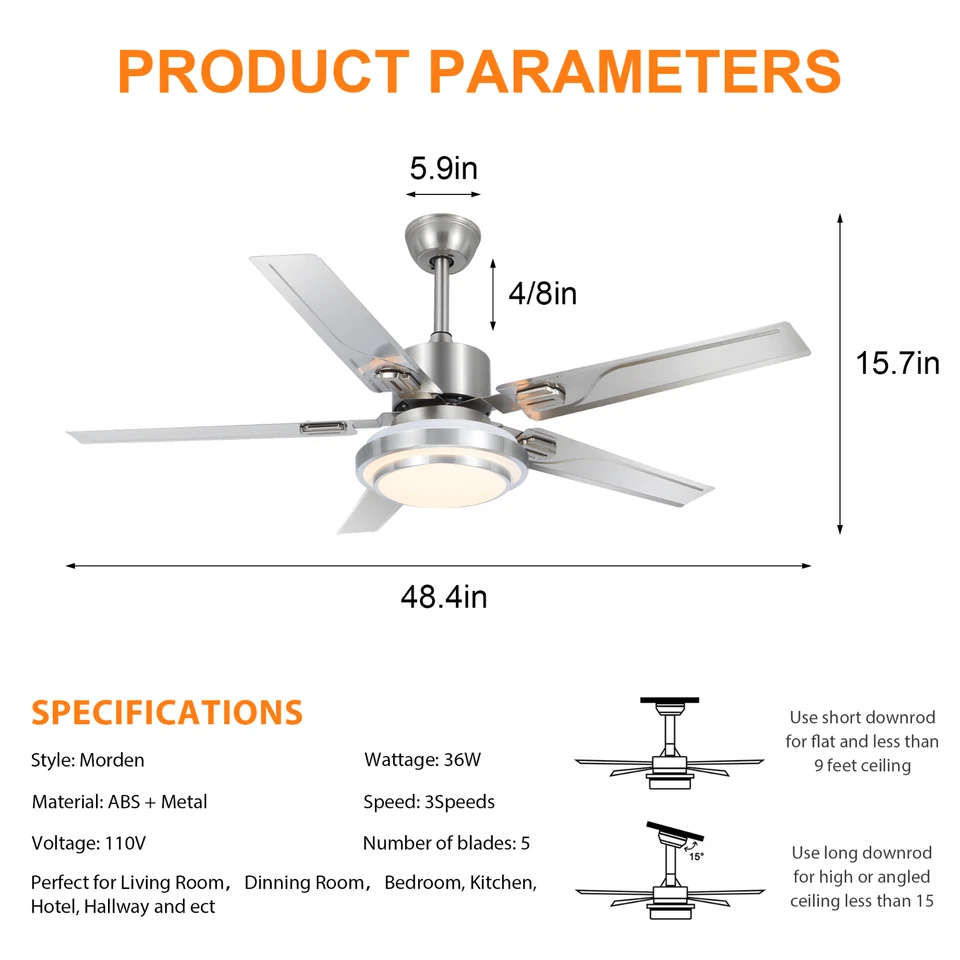 48'' Remote Ceiling Fan 3-Color Light Chandelier 5 Blades Stainless Ceiling Lamp - Image 4 of 4