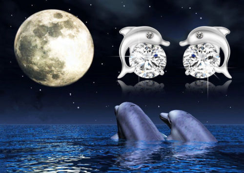 Cute Dolphin White AAA Crystal Eyes Studs Women's White Gold Filled Earrings - Picture 4 of 10
