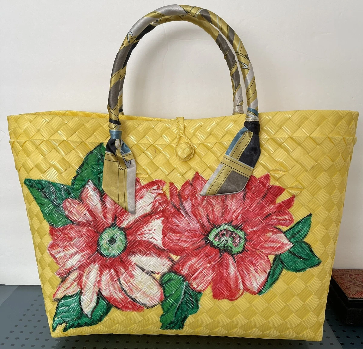 Artisan Woven Mexican PVC Bag Flowers Designer Tote Large Spring Summer  Uniqu