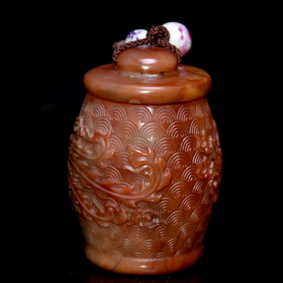 Olla de tarro pequeña con patrón de fénix tallada a mano piedra natural china Shoushan 1262 Foto 2 de 4