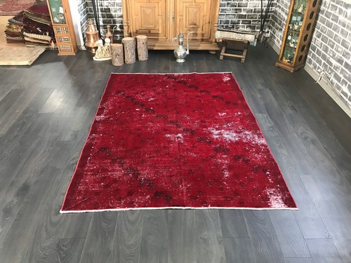 Red Vintage Rug , Red Turkish Rug , Overdyed Vintage Rug , 4.9x6.8 Ft , Boho Rug