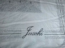 Vtg 70s Juschi Square Silk Scarf Hand Rolled Grey Gray W/ Black Logo Leaves