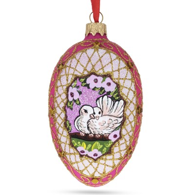 Two Loving Birds In Nest Glass Egg Ornament 4 Inches
