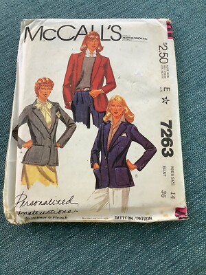 Misses Jacket Pattern, Sze: 14, McCalls 7263, Palmer & Pletsch, UNCUT  c1980