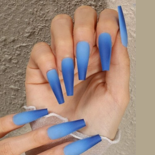 SKINNY LONG COFFIN *MATTE BLUE OMBRE* Full Cover Blend 24 Nail Tips Glue Set! - Afbeelding 1 van 4