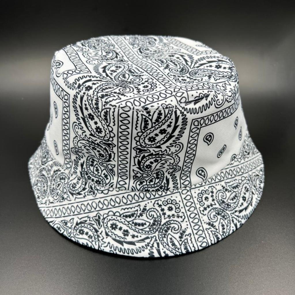 White Bucket Hat with Black Print - Reversible, Foldable & Unisex Summer Style-image