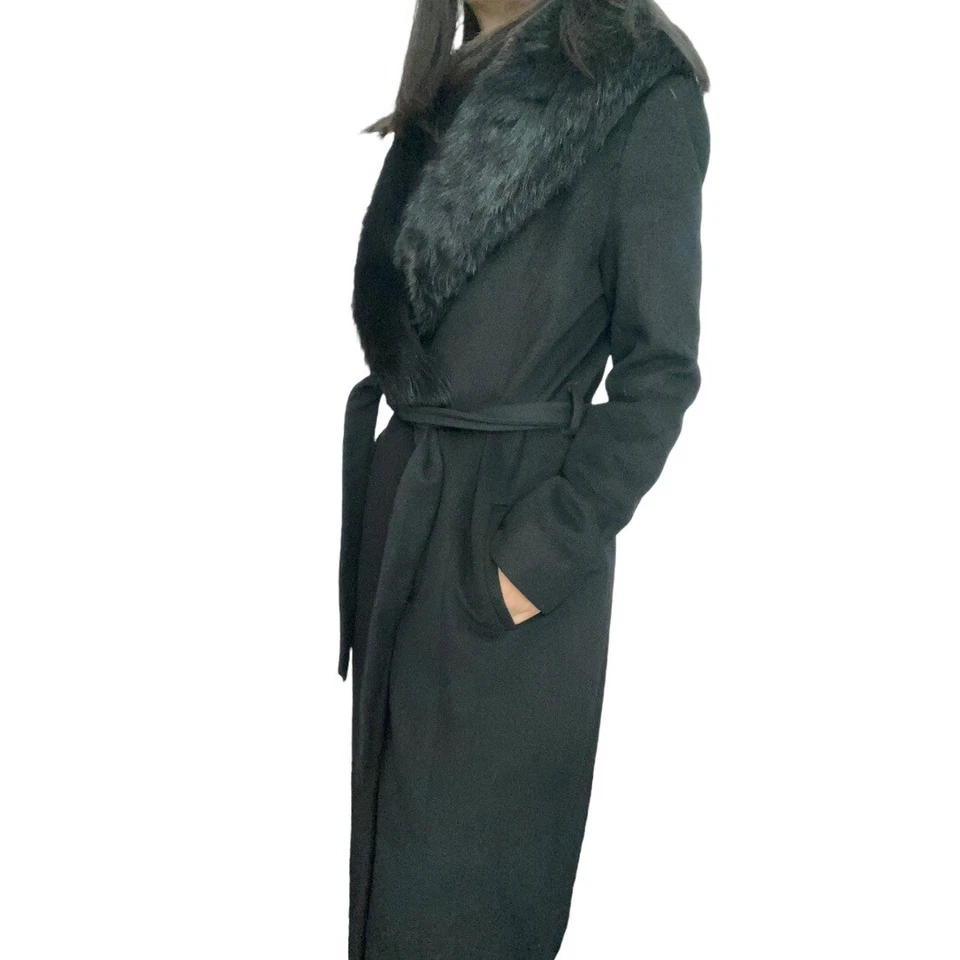 Abrigo BADGLEY MISCHKA Mezcla de Lana con Cinturón con Recorte de Piel de Conejo - US XS Foto 3 de 4