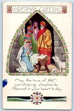 Christmas Postcard Greetings Shepherds Religious Holly Berries Embossed c1910's