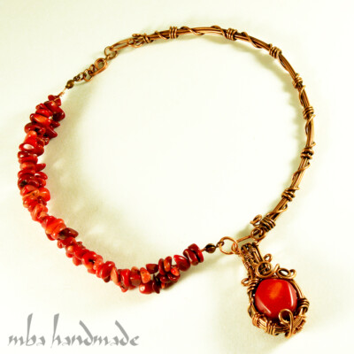 Red Coral Crystals Necklace Antiqued Copper Wire Wrapped Artisan Jewelry