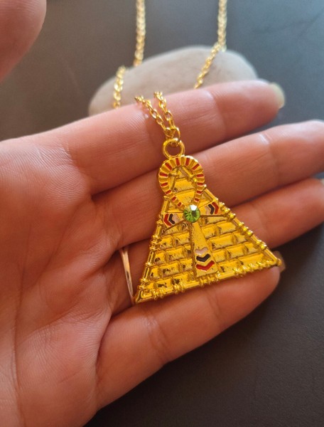 Alternate view of Egyptian Ankh Cross Pyramid Gold Necklace, Protection Talisman Amulet