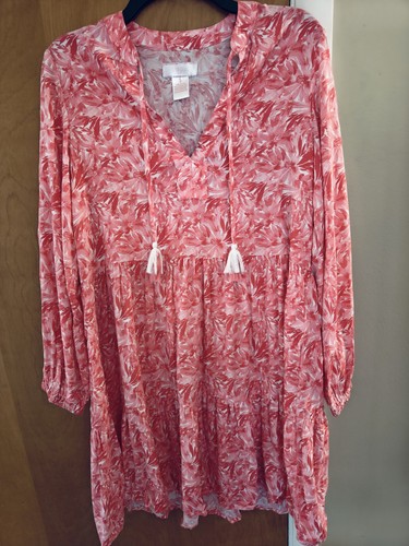 Stella Parker Pink Tropical Tunic Dress Long Sleeve Size Small NWOT Tassels
