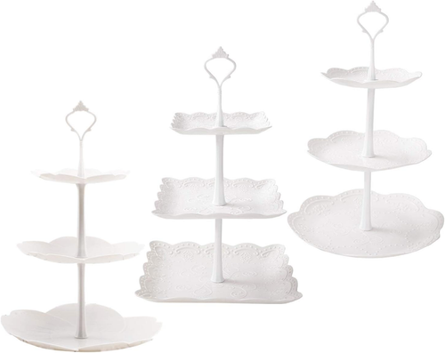 3 Pack 3 Tiers White Plastic Cupcake Stand Dessert Serving Trays Round Square
