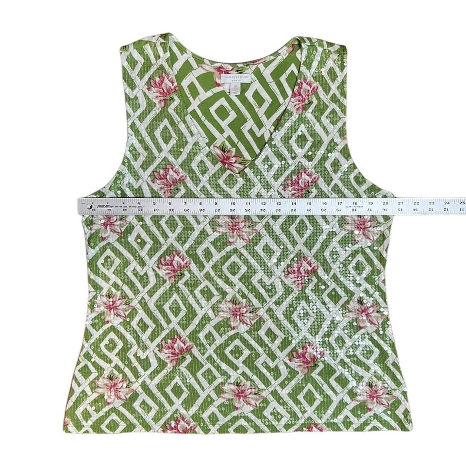 CHARTER CLUB 女式上衣绿色竹粉色花朵无袖 V 领亮片 S 码 — 第 3/4 张图片