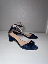 Jewel Badgley Mischka Women Size 6.5 Navy Blue Embellished Black Heel Sandals