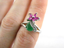 Sterling Silver Pink Sapphire White Topaz and Green CZ Flower Ring Size 8 3.9g
