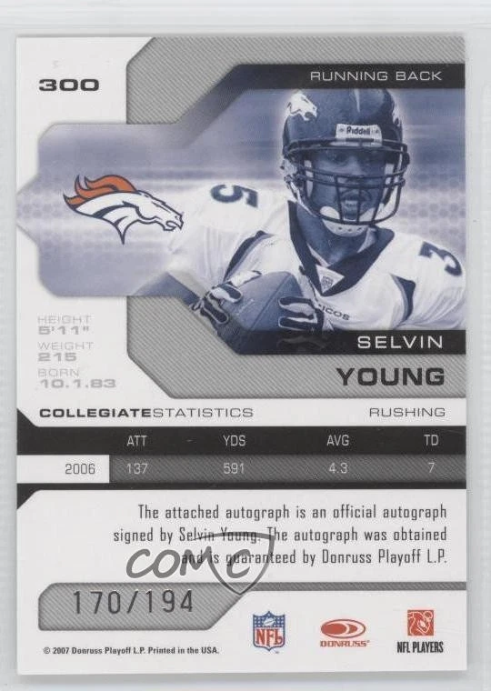 2007 Leaf Limited Rookie /194 Selvin Young #300 Rookie Auto RC - Image 2 of 2