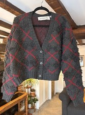 Grey and burgundy argyle check cardigan in a textured loop knit Size Small