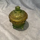 Vintage Green Yellow Jeanette Glass Vanity Jar Candy Trinket Dish Grape Pattern