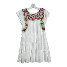 J. Marie White Embroidered Tiered Mini Dress XS Womens Floral Casual