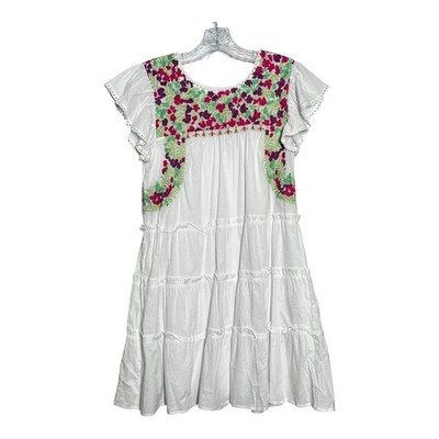 J. Marie White Embroidered Tiered Mini Dress XS Womens Floral Casual