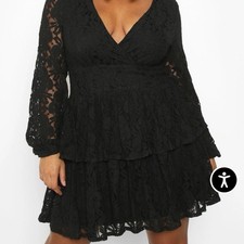 NWT BooHoo Black Lace Plunge Ruffle Skater Dress Size 14 ￼